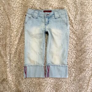 YMI Y2K Low Rise Denim Capri Jeans Light Wash Red Stitch Size 5 Womens McBling